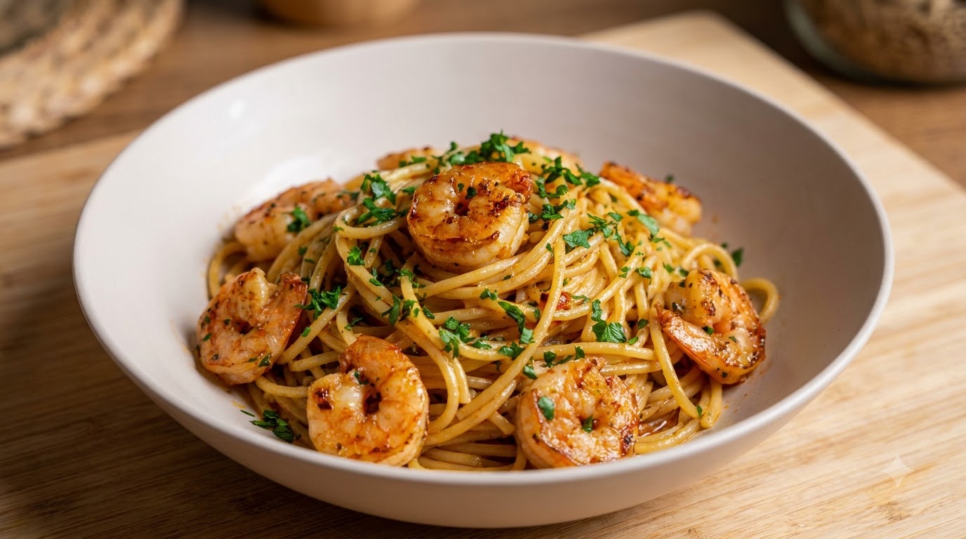 Italienische Scharfe Garnelen-Pasta mit Olivenöl und Knoblauch
