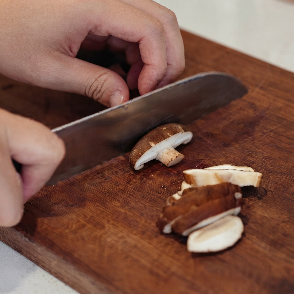 Hände schneiden sorgfältig frische braune Shiitake-Pilze auf einem Holzschneidebrett.