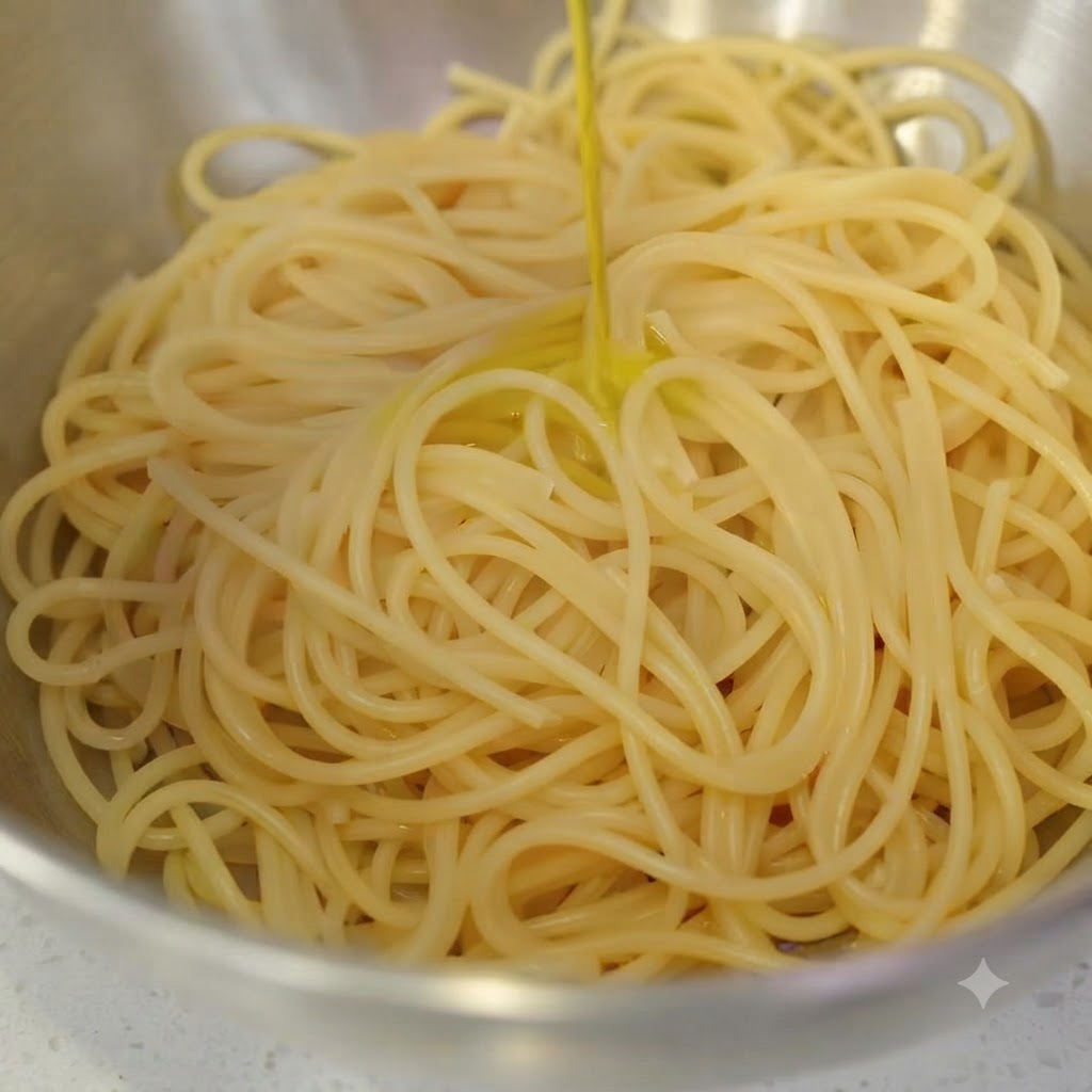 Goldenes Olivenöl wird über einen Berg gekochter Spaghettinudeln in einer Edelstahlschüssel gegossen.