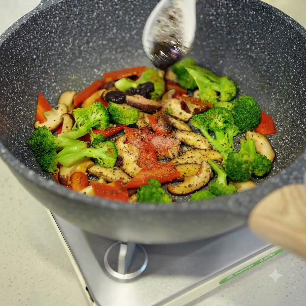 Ein Löffel schwarze Trüffelsauce wird in eine Pfanne mit gemischtem Gemüse gegeben.