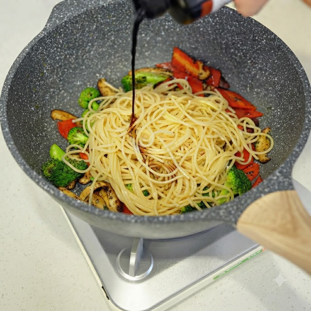 Dunkle Sojasauce wird aus einer Flasche über Spaghetti und gemischtes Gemüse in einer grauen Kochpfanne gegossen.