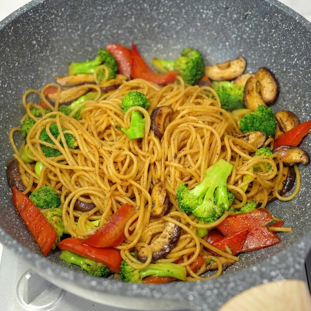 Gebratene Spaghetti mit Brokkoli, Pilzen und roten Paprikastreifen in einem Wok kurz vor dem Servieren.