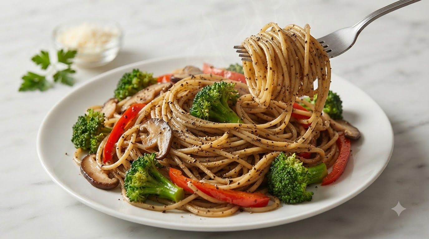 Ein weißer Teller mit schwarzer Trüffel-Gemüsespaghetti, garniert mit Brokkoliröschen, Shiitake-Pilzen, roten Paprikastreifen und schwarzem Pfeffer.