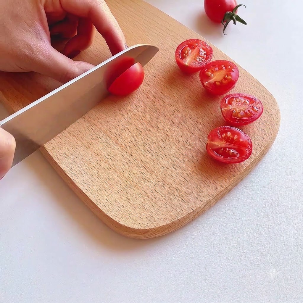 Kirschtomaten werden auf einem Holzschneidebrett mit einem Kochmesser halbiert.
