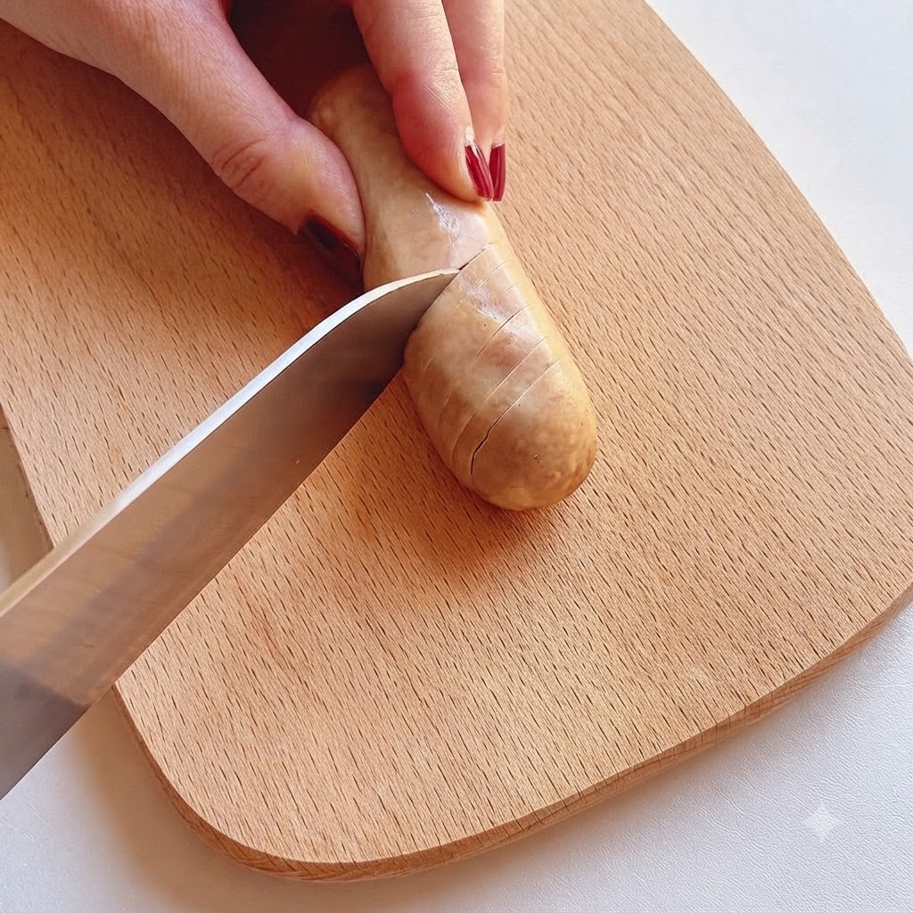 Eine Wurst wird auf einem Holzschneidebrett mit einem Messer vertikal eingeschnitten.