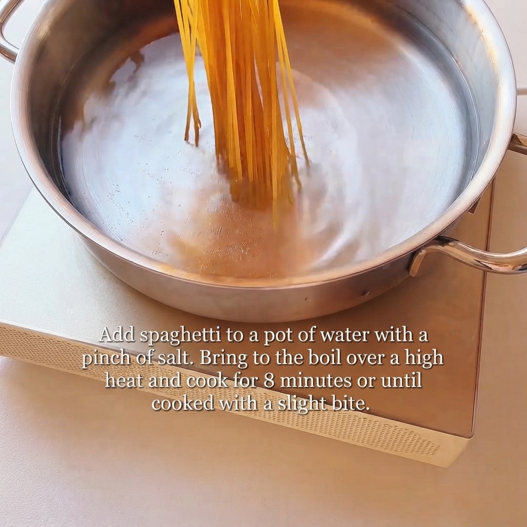 Spaghetti-Nudeln werden in einen Topf mit kochendem Wasser gegeben.
