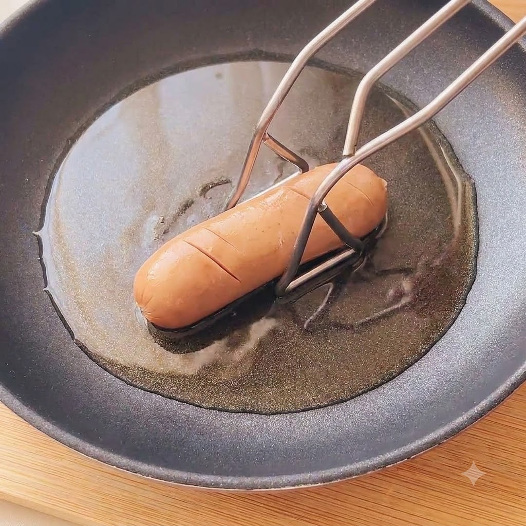 Ganze, eingeritzte Würstchen braten in heißem Öl in einer Pfanne.