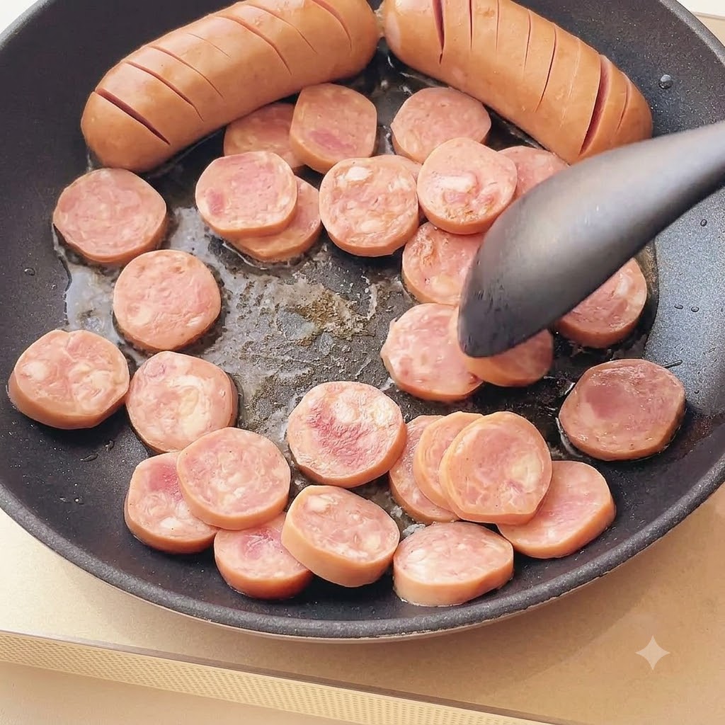 Wurstscheiben bräunen in einer geölten Pfanne neben zwei ganzen, eingeritzten Würstchen.