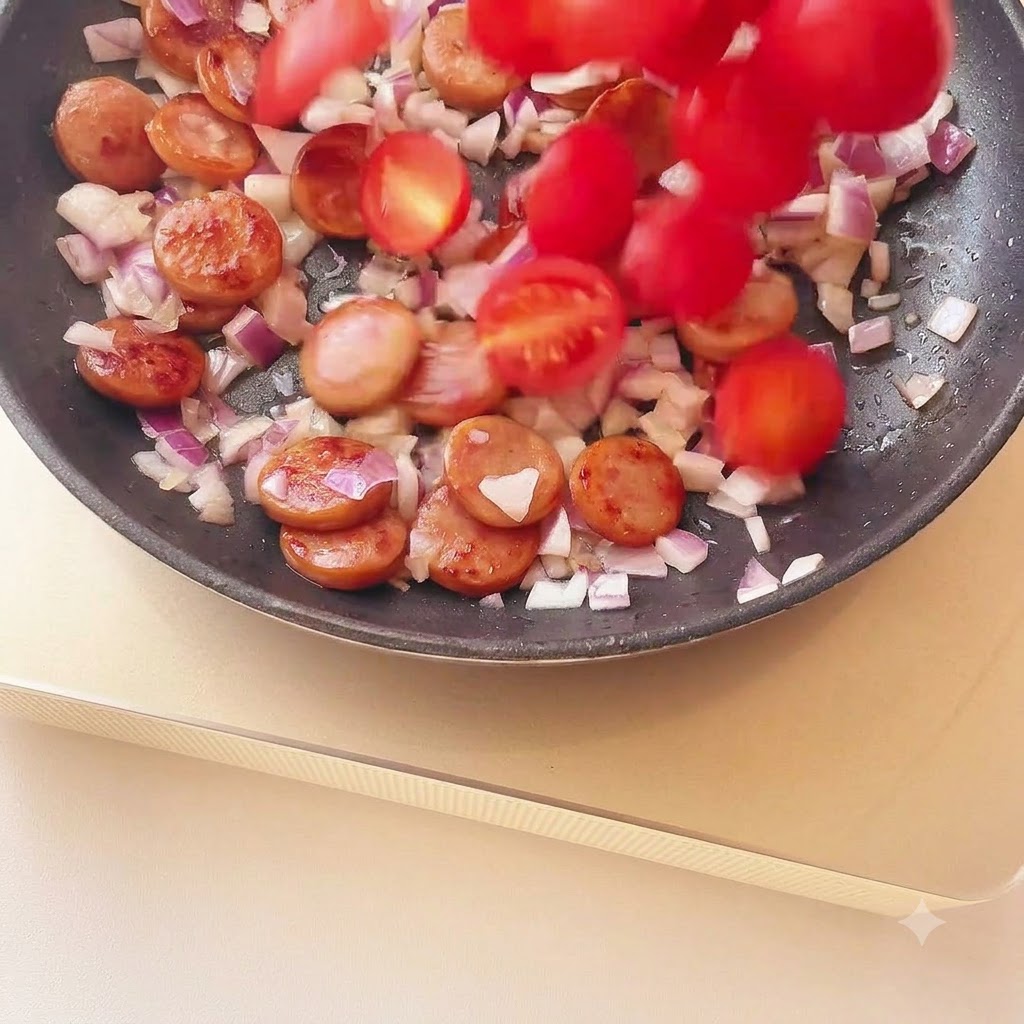 Kirschtomatenhälften fallen über den gekochten Zwiebeln und Wurstscheiben in die Pfanne.
