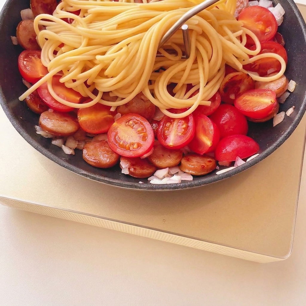 Spaghetti-Nudeln liegen auf der Tomaten-Wurst-Mischung in einer Pfanne.
