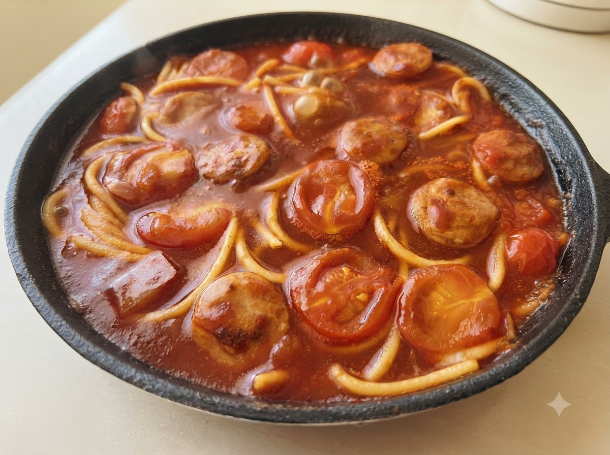 Reichhaltige rote Pastasoße köchelt mit Spaghetti, Wurstscheiben und Tomaten in einer Pfanne.