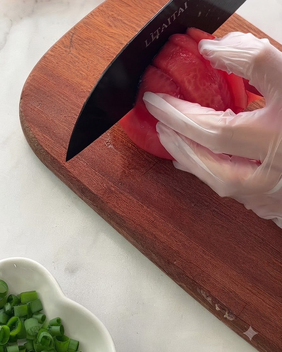 Eine Hand mit Schutzhandschuh hält eine geschälte Tomate auf einem Holzschneidebrett, während sie mit einem schwarzen Messer in Stücke geschnitten wird.