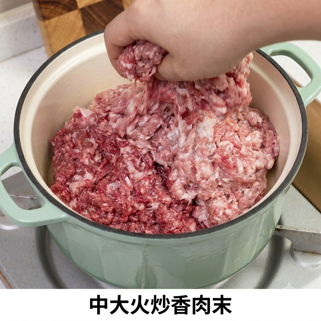 Hackfleisch wird in einem grünen Topf auf dem Herd angebraten und gewendet.
