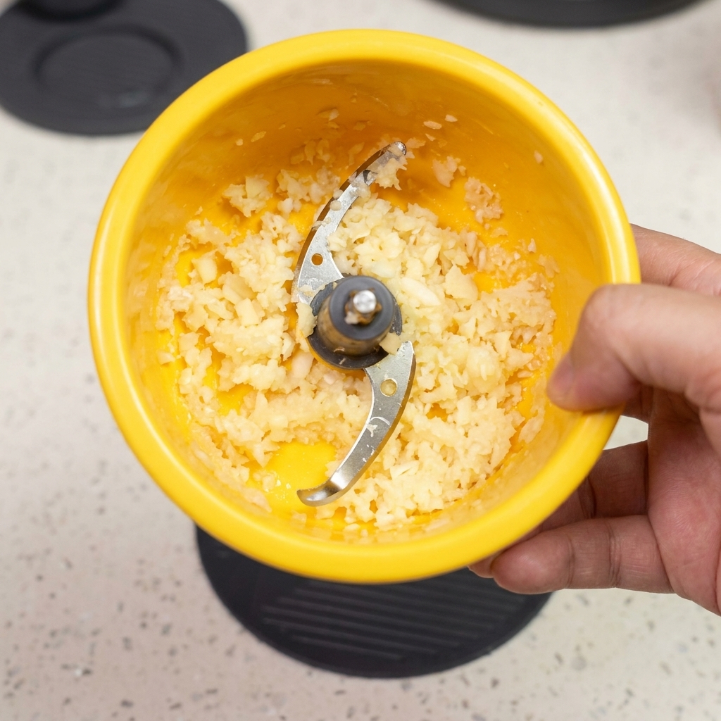 Gehackter Knoblauch in einer kleinen gelben Schüssel mit Zerkleinerer.