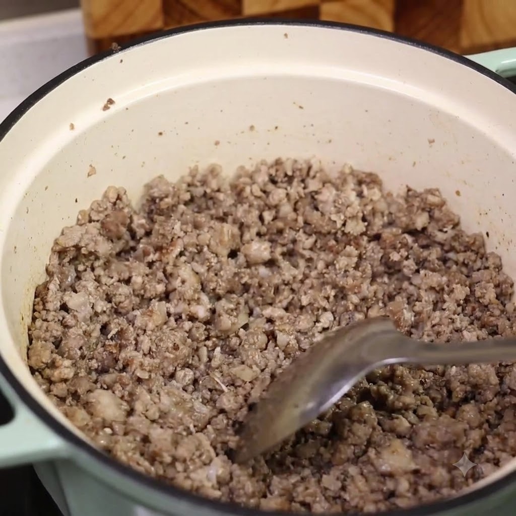 Ein Spatel hebt gebratene Fleischsauce aus einem Topf und legt den Bratensatz am Boden frei.