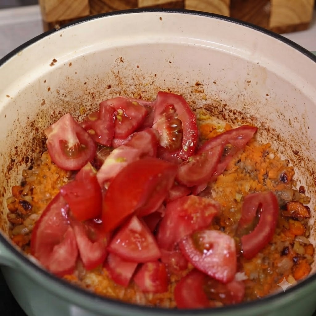 Frisch geschnittene Tomatenspalten und Tomatenmark werden über das Gemüse und Fleisch im Topf gegeben.