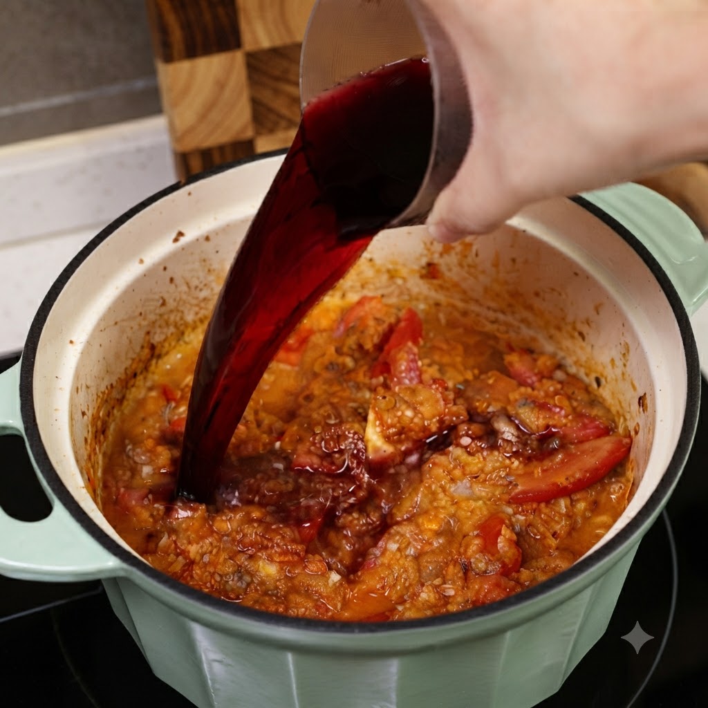 Trockener Rotwein wird aus einem Glasmessbecher in den Topf zur Tomaten-Fleisch-Mischung gegossen.