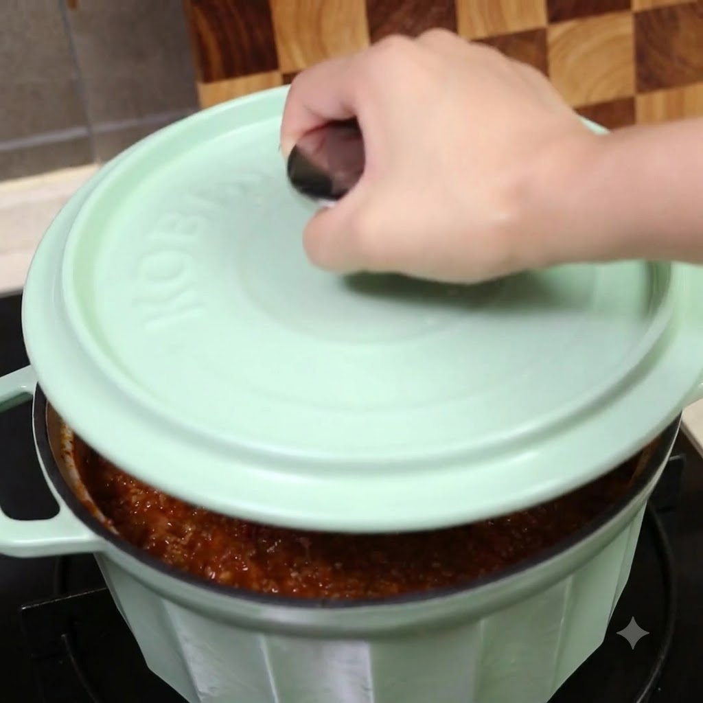 Eine Hand setzt einen hellgrünen Deckel auf den Topf mit der Sauce.