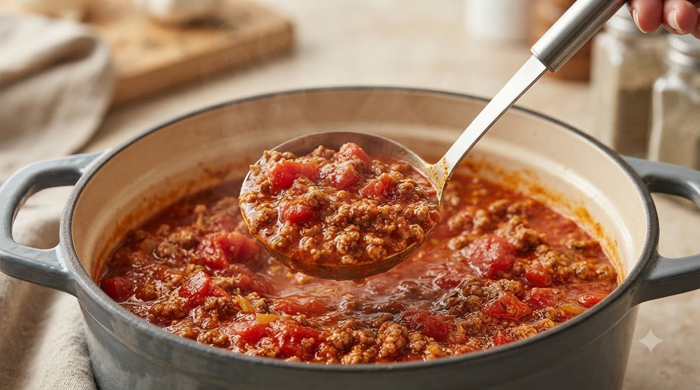 Eine Schöpfkelle aus Metall hebt dicke, reichhaltige Bolognese-Fleischsauce aus einem köchelnden Topf.