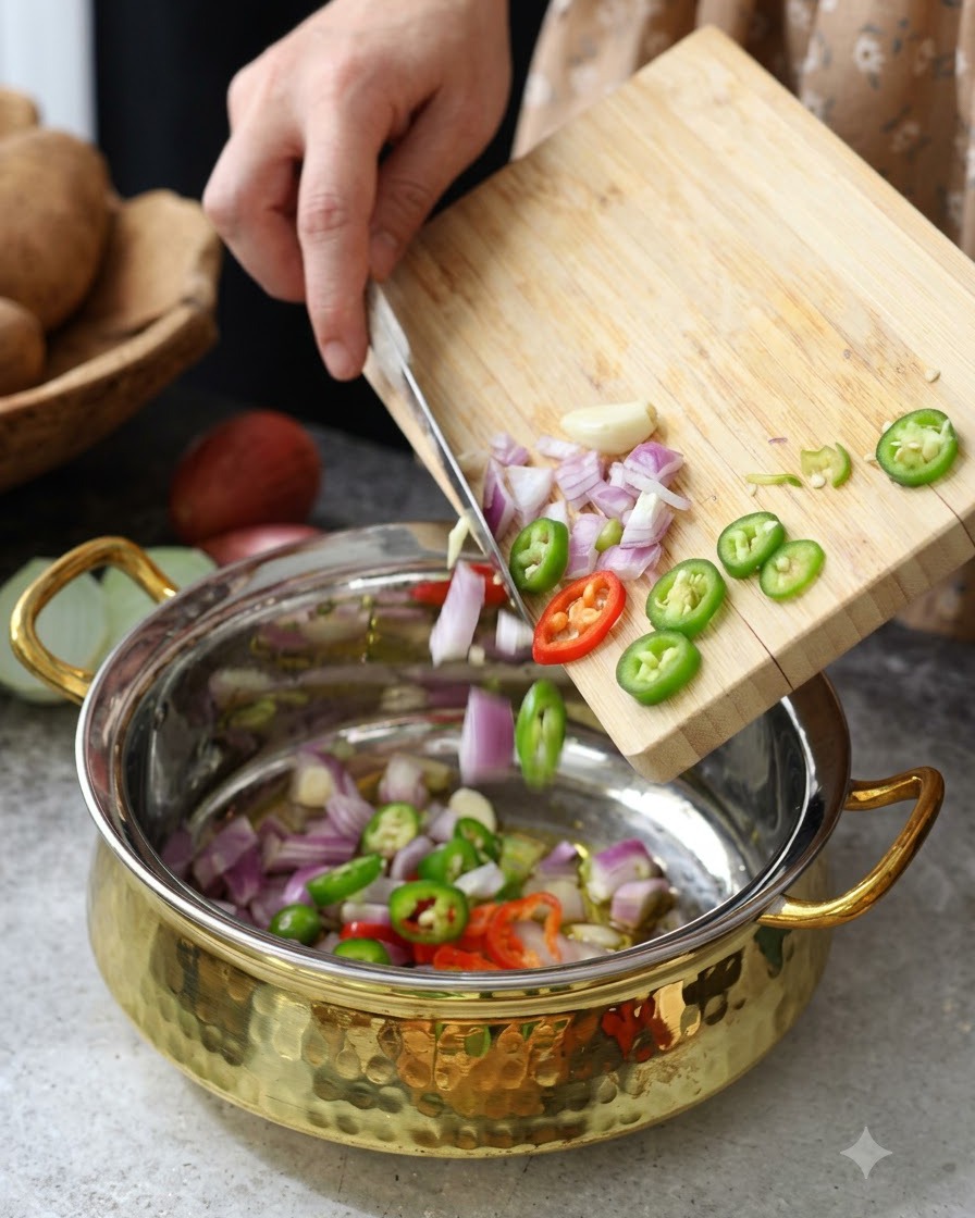 In Scheiben geschnittene Jalapeños und rote Zwiebeln werden von einem Holzschneidebrett in einen Metalltopf mit heißem Öl geschoben.