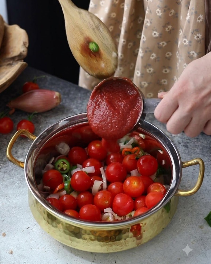 Tomatenpüree wird aus einem Messbecher in einen Topf mit Kirschtomaten und angebratenem Gemüse gegossen.