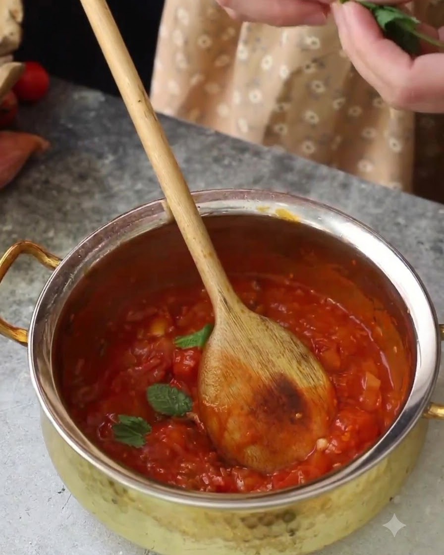 Ein Kochlöffel rührt eine köchelnde rote Tomatensoße in einem Topf um, während frische Basilikumblätter hinzugefügt werden.