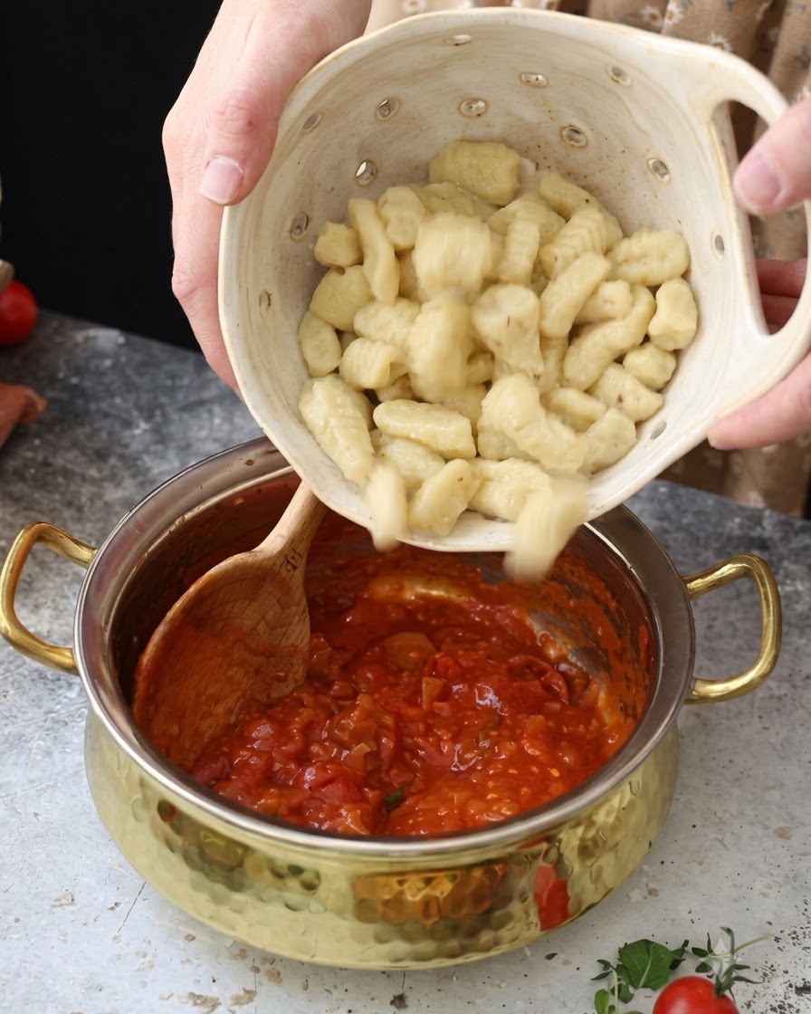 Gekochte Gnocchi werden aus einem Keramiksieb in einen Topf mit roter Tomatensoße geschüttet.