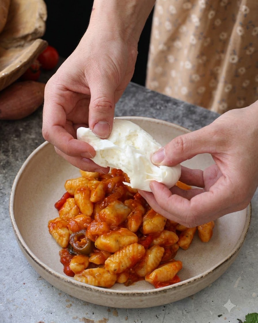 Hände zupfen frischen weißen Burrata-Käse über eine angerichtete Schüssel Gnocchi in Tomatensoße.