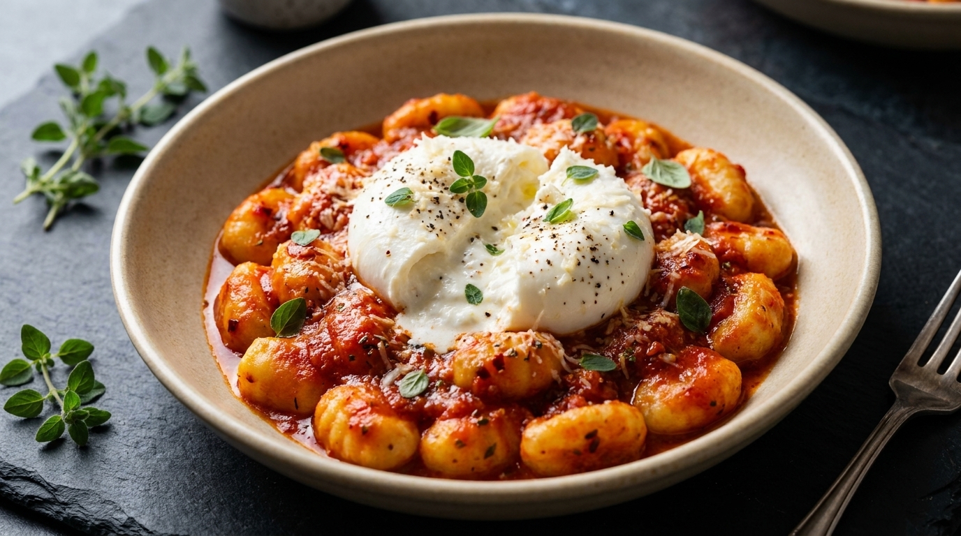 Hausgemachte Kartoffelgnocchi mit pikanter Tomatensoße und Burrata