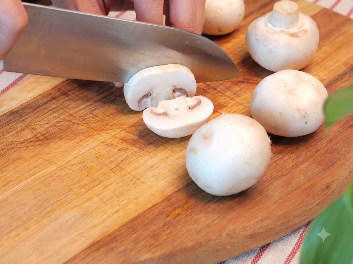 Ein Küchenmesser beim Schneiden von weißen Champignons auf einem Holzschneidebrett neben halbierten Rinderbällchen und Kirschtomaten.
