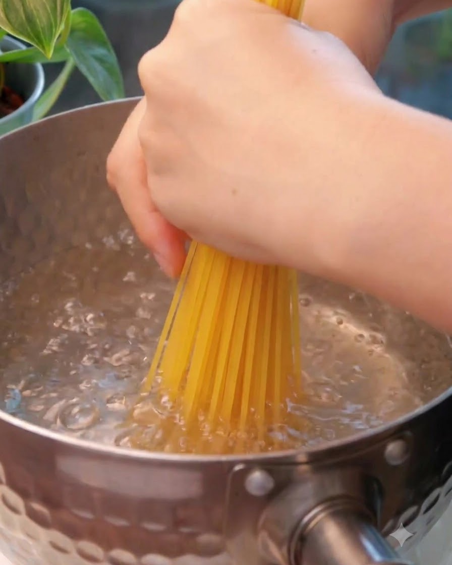 Hände halten ein Bündel trockene Spaghetti und geben es in einen Topf mit kochendem Wasser.