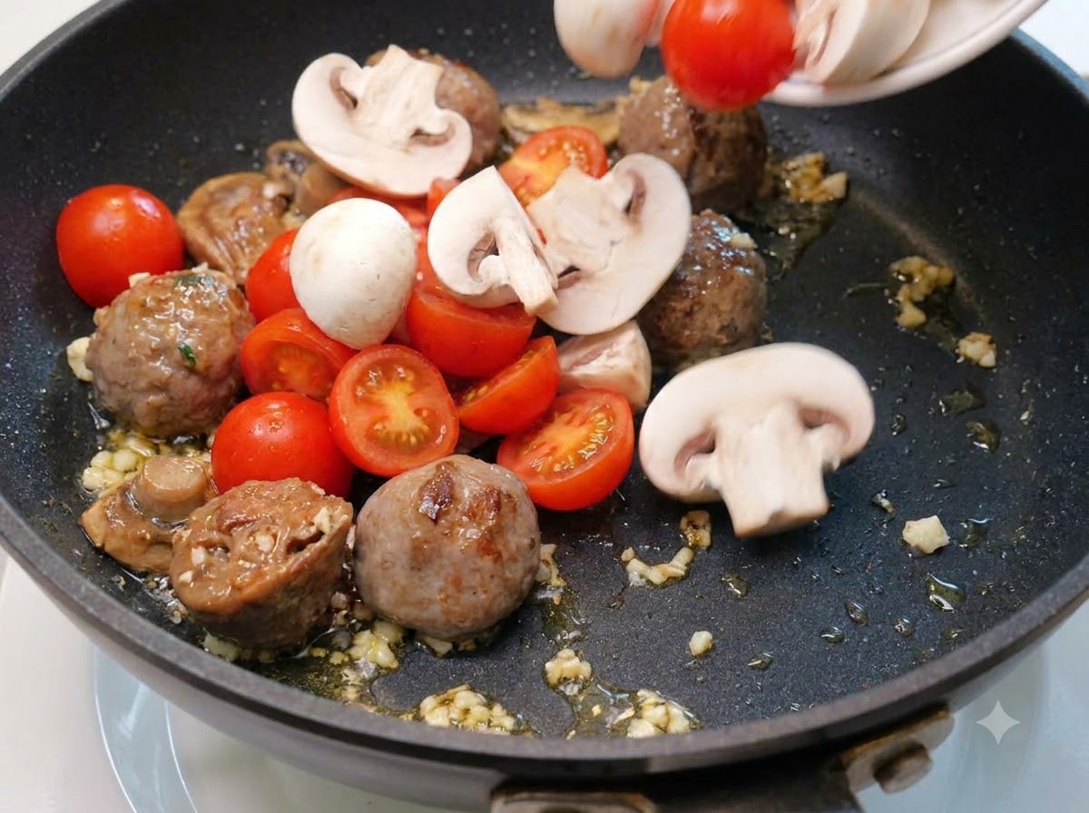 Kirschtomaten und geschnittene Champignons werden in die Pfanne zu den Rinderbällchen und dem Knoblauch gegeben.