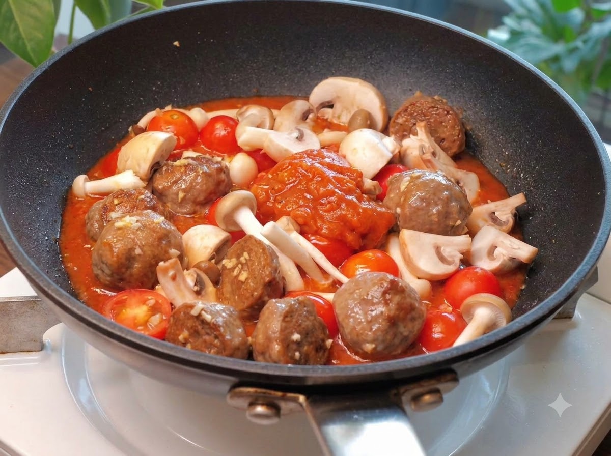Rote Pastasoße wird aus einer Packung in eine Pfanne mit Rinderbällchen, Pilzen und Tomaten gegossen.