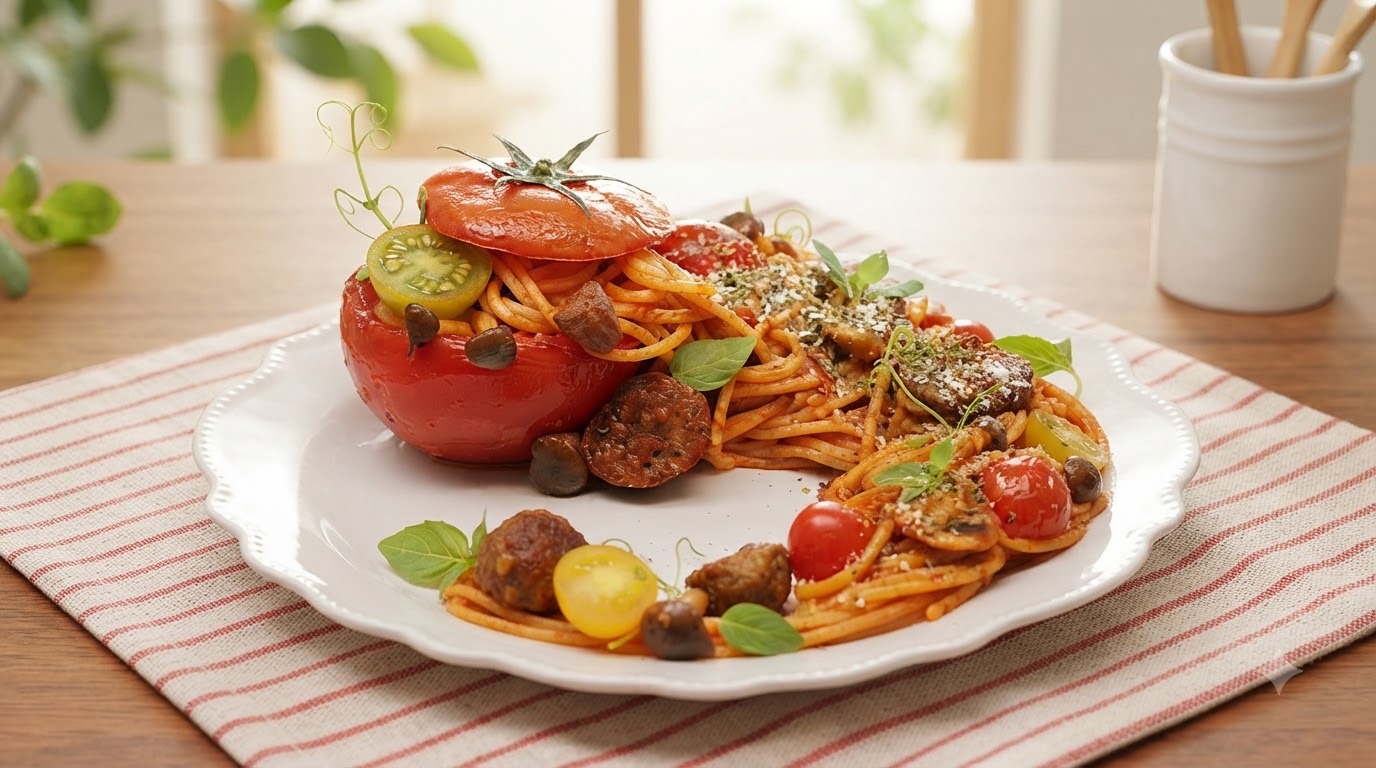 Tomaten-Rinderhackbällchen-Spaghetti in einer gerösteten Tomatenschale