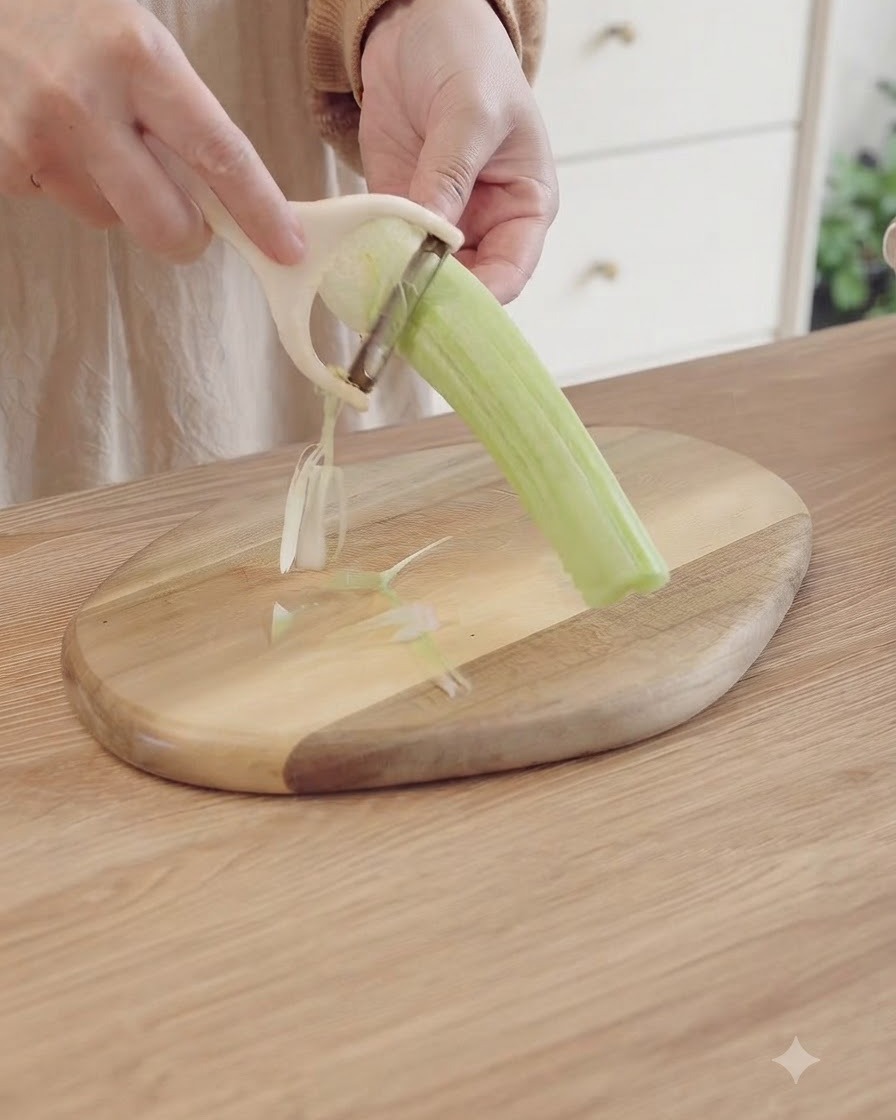 Eine Nahaufnahme von Händen, die einen Gemüseschäler halten, um die äußere Schicht einer Selleriestange auf einem Holzschneidebrett zu entfernen.