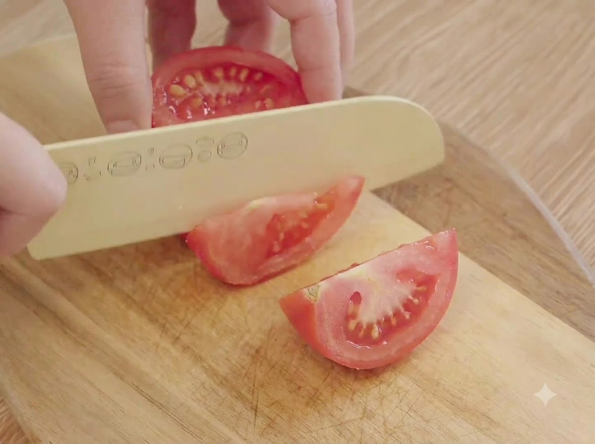 Frische rote Tomaten werden mit einem Messer auf einem Holzbrett in kleine Stücke geschnitten.