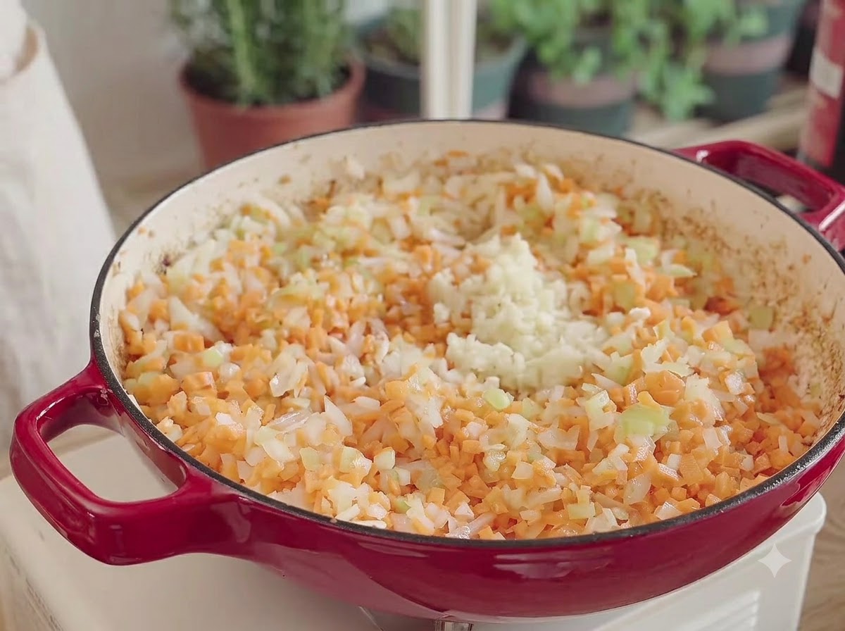 Gehackte Tomaten, gehackter Knoblauch und ein Stück Butter werden in dem roten Topf unter das angebratene Gemüse gemischt.