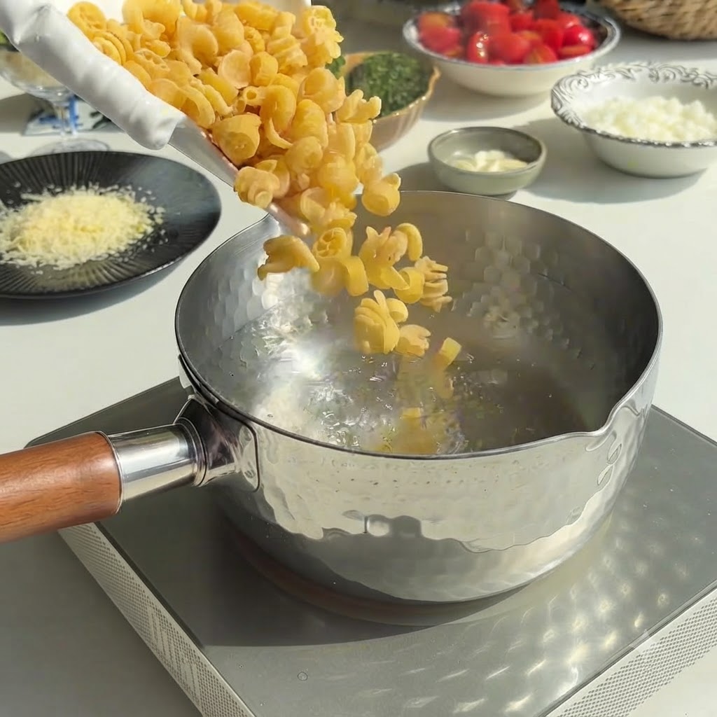 Pasta kocht in einem Topf mit blubberndem Wasser auf dem Herd.