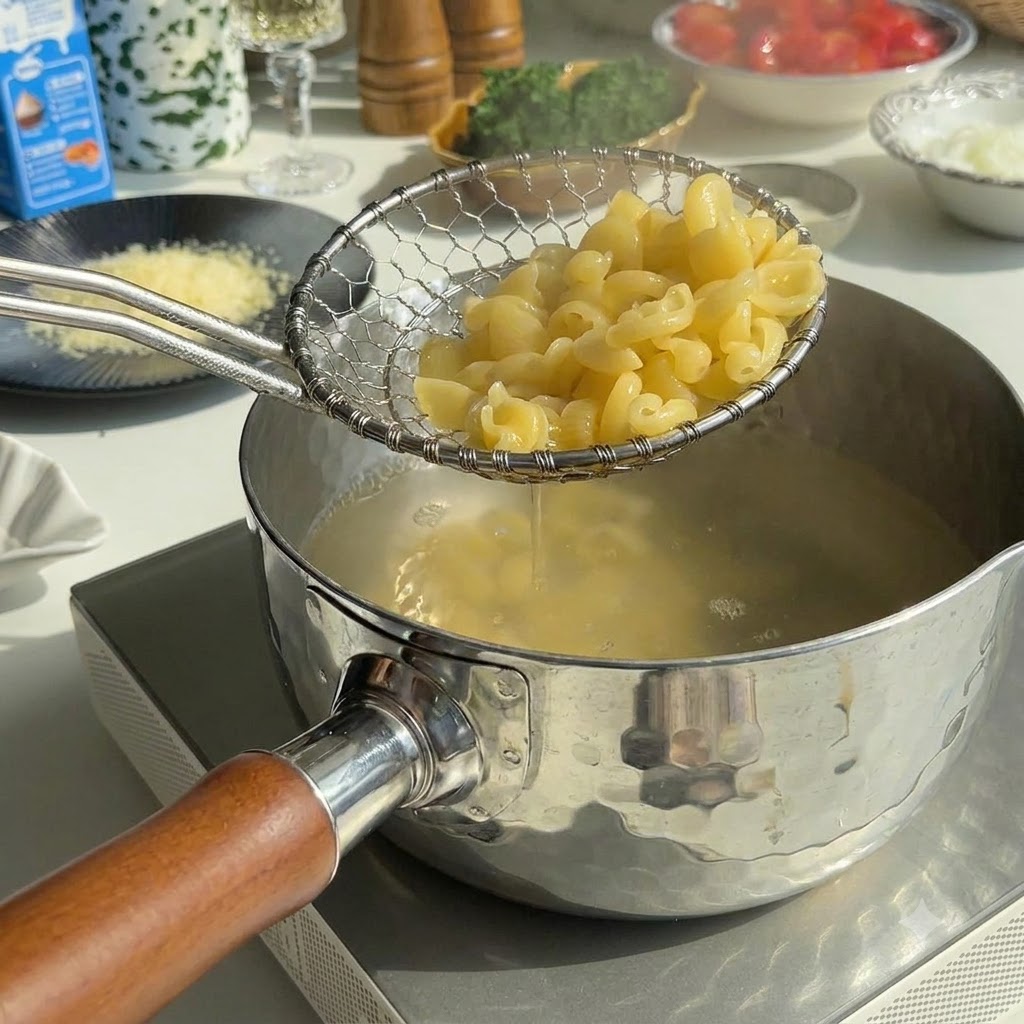 Lachsstücke werden in heißem Öl goldbraun angebraten und mit einer Zange gewendet.