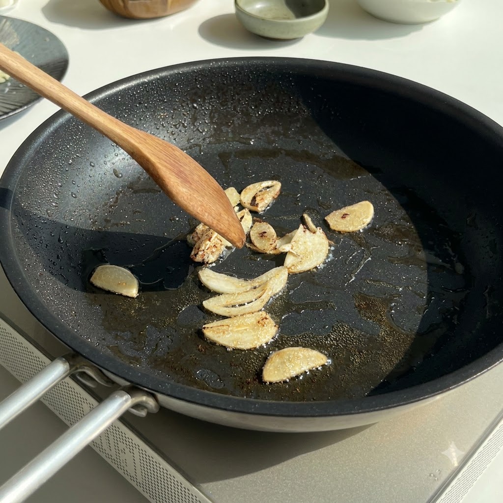 Geschnittener Knoblauch und gehackte Zwiebeln werden in einer Bratpfanne mit einem Holzlöffel angebraten.