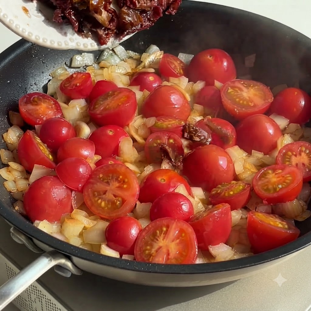 Getrocknete Tomaten werden mit einer Zange in die Pfanne zu den Tomaten und Zwiebeln gegeben.