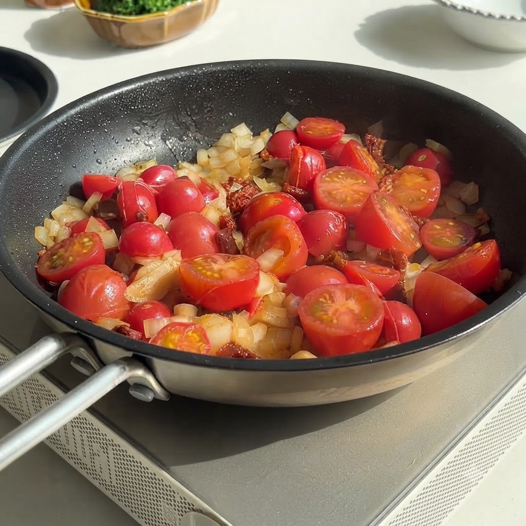 Wasser wird aus einem Behälter in eine mit Tomaten und Zwiebeln gefüllte Pfanne gegossen.