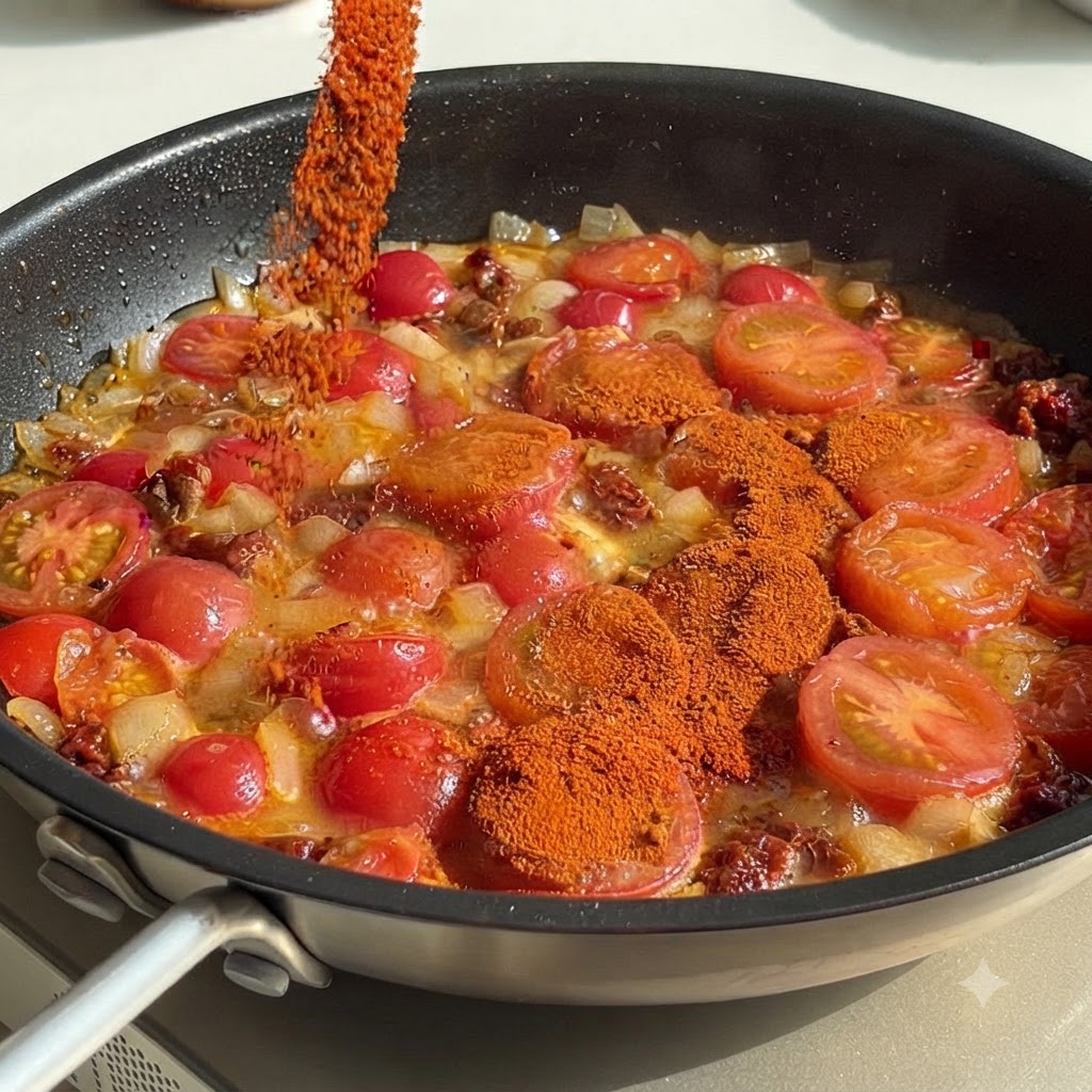 Chilipulver wird aus einem Behälter in eine köchelnde Tomaten-Gemüse-Pfanne gestreut.