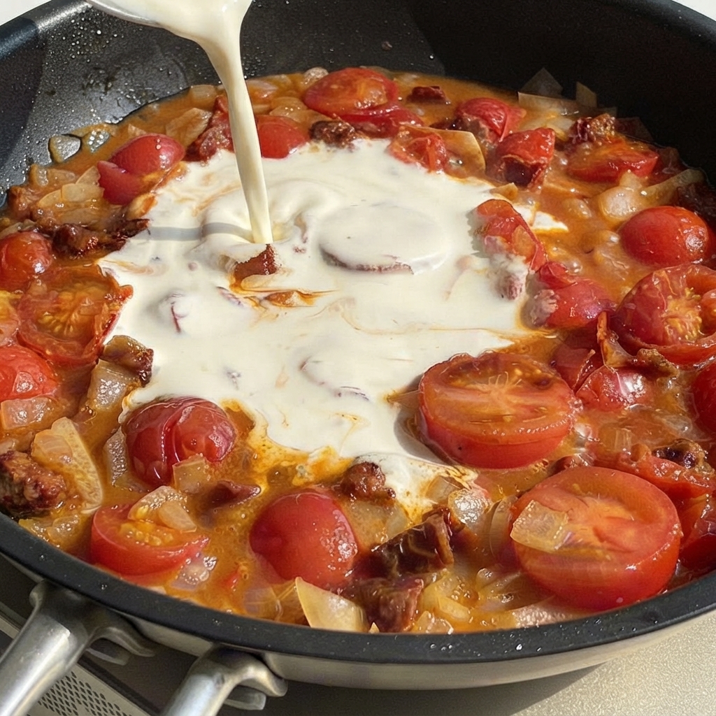 Schlagsahne wird aus einem Karton in die Mitte der köchelnden Tomaten-Gemüse-Pfanne gegossen.