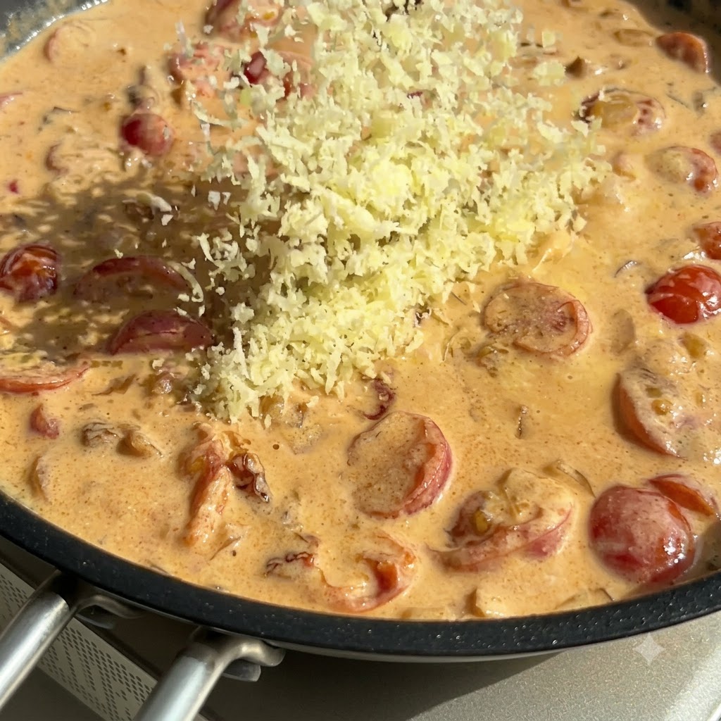 Geriebener Parmesan wird über eine cremige orangefarbene Sauce in einer Pfanne gestreut.