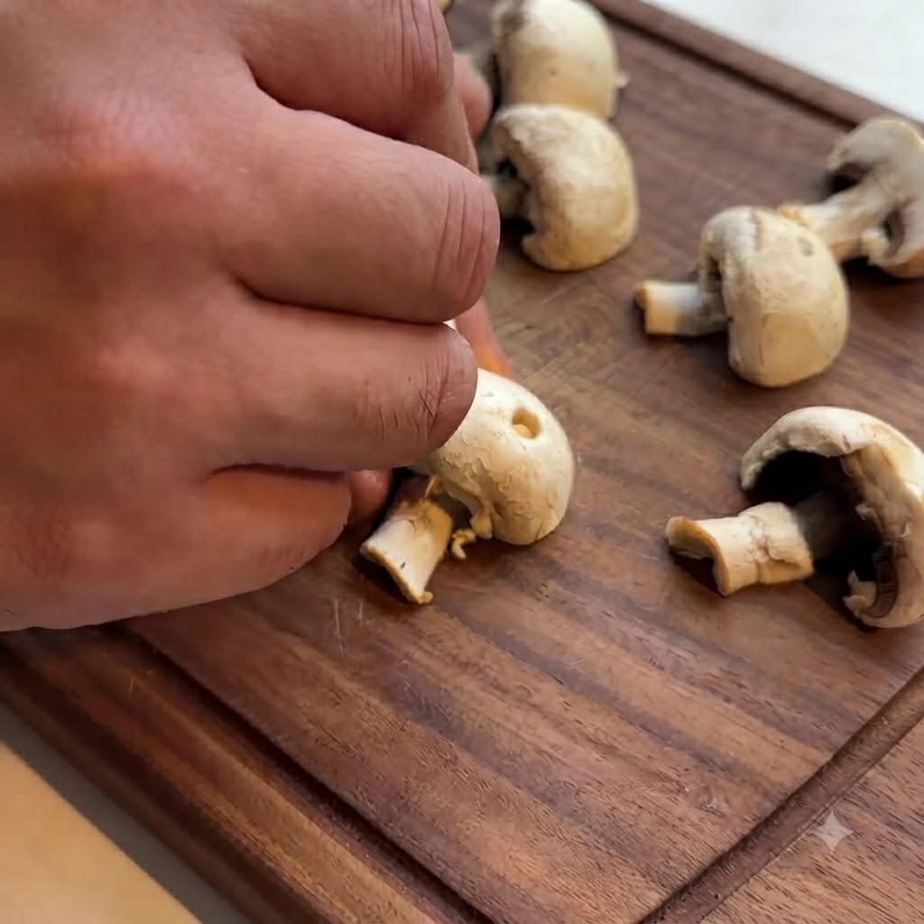 Eine Hand benutzt ein kleines Werkzeug, um Gesichtszüge in einen weißen Champignon auf einem Holzbrett zu schnitzen.