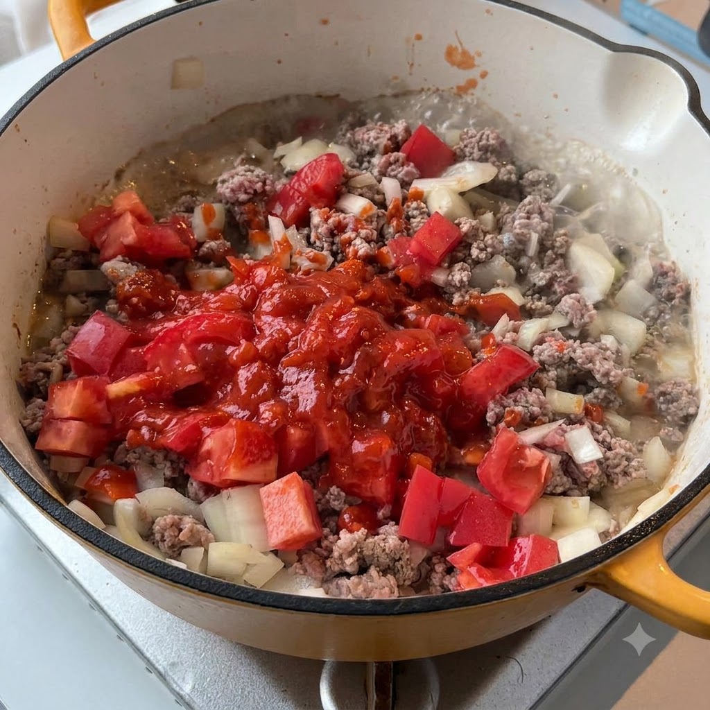 Gewürfelte rote Tomaten und leuchtend rote Pastasauce werden über angebratenes Fleisch und Zwiebeln in eine Pfanne gegeben.