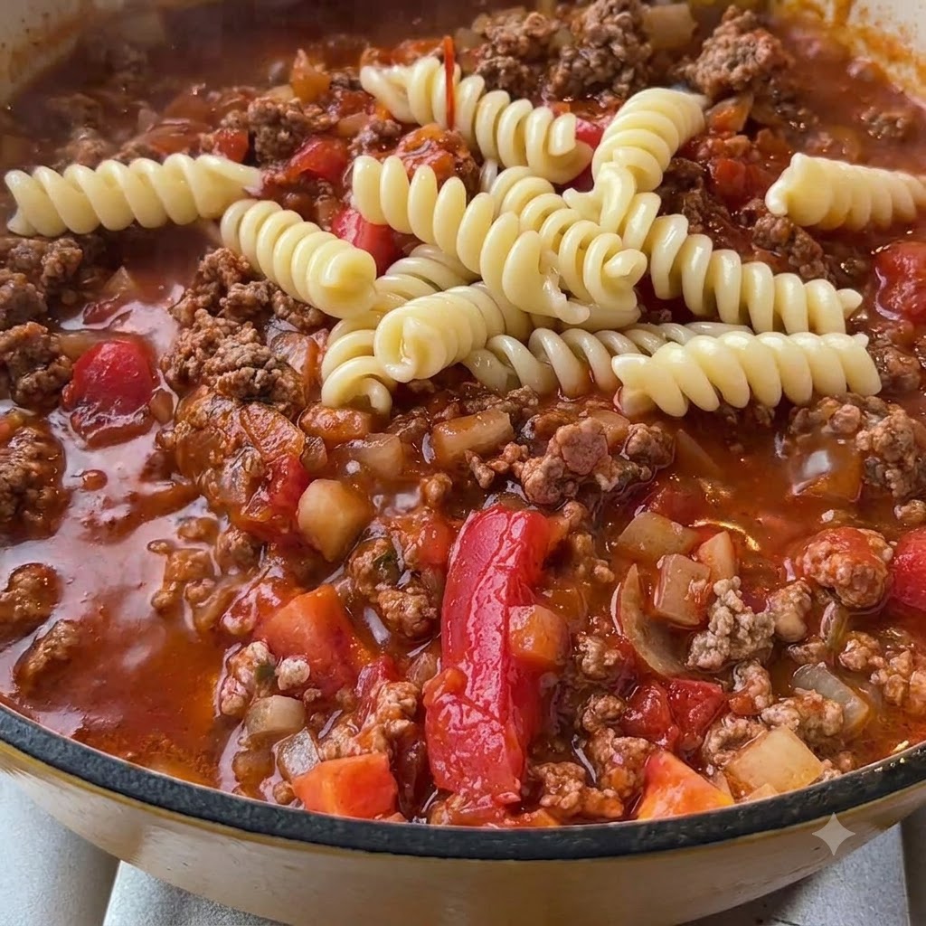 Gekochte spiralförmige Fusilli-Nudeln liegen auf einer blubbernden, reichhaltigen roten Fleisch-Tomaten-Sauce.