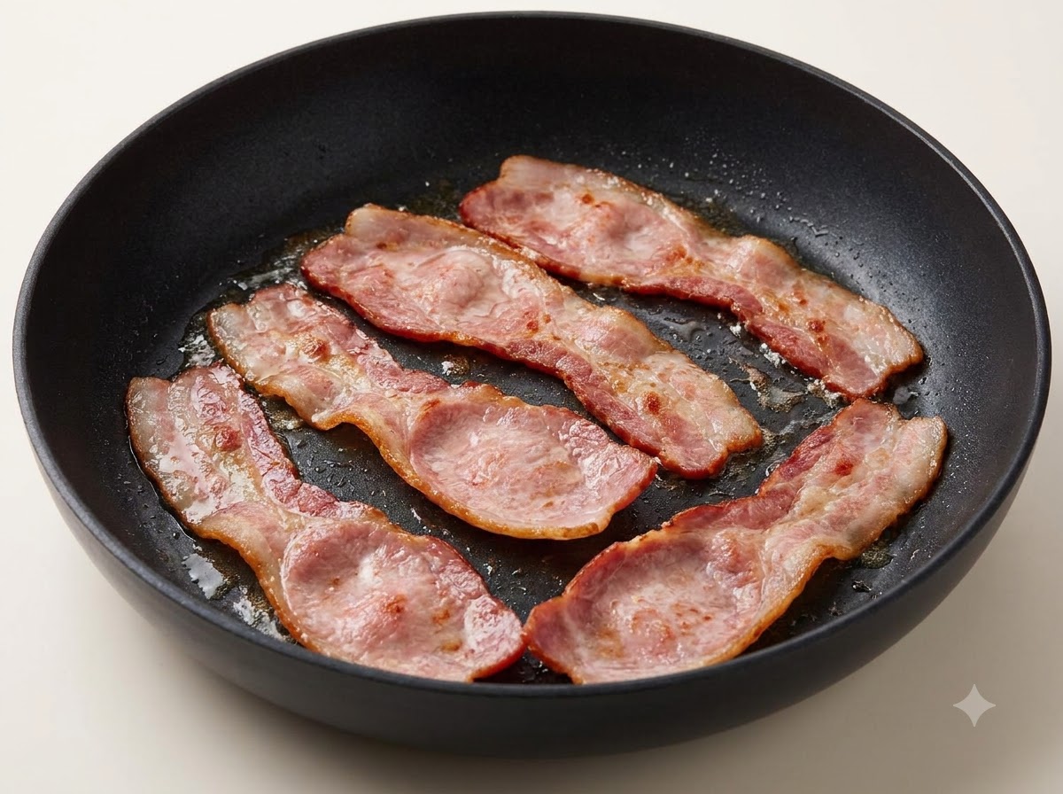 Speckstreifen braten und brutzeln in einer schwarzen Pfanne.