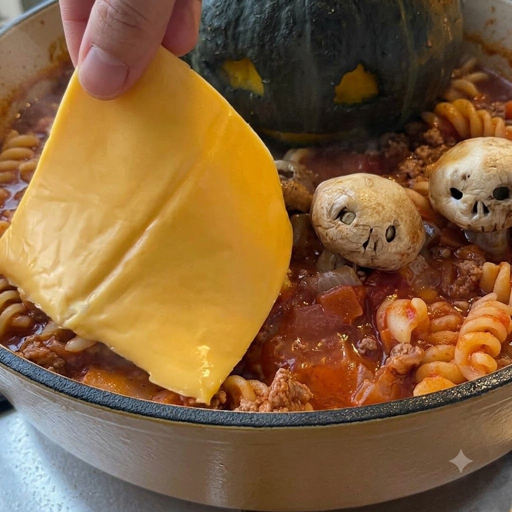 Eine Hand legt eine Scheibe gelben Käse auf heiße Pasta, um eine Geist-Dekoration zu formen.